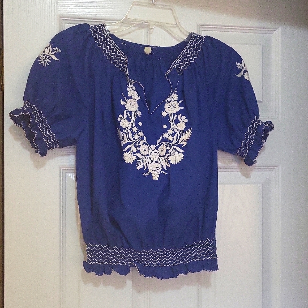Top, blue/white, Small, embroidery on front, purchased in Switzerland